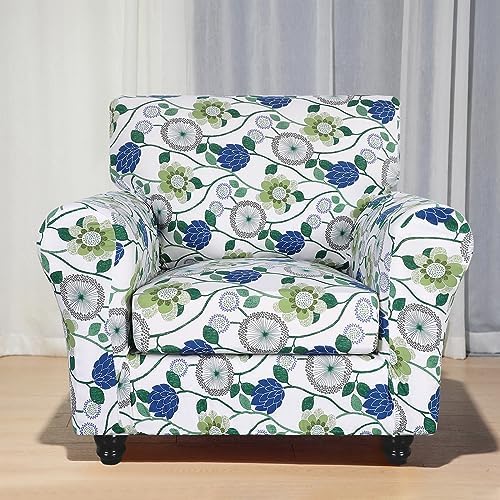 SearchI Stretch Sofa Cover Printed Couch Covers, Floral Pattern 2 Piece Armchair Slipcover with Separate Chair Cushion Cover, Washable Furniture Protector for Living Room(Armchair, Green Flowers)