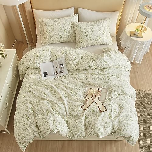 HighBuy 3 Pieces Duvet Cover Full Size White Duvet Cover with Green Floral Print,Coquette Soft Comforter Cover Boho Style,Aesthetic Full Bedding Set with Zipper Closure 4 Ties,All Season