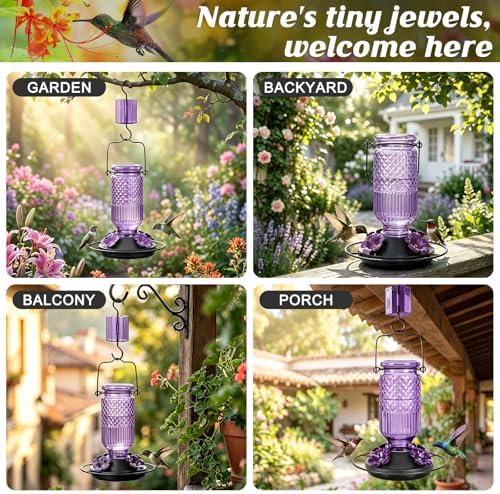 FEED GARDEN Glass Hummingbird Feeder for Outdoors Hanging, 16 oz Leak-Proof Nectar Feeder with Bee Guards & Ant Moat, 4 Metal Flower Feeding Ports, 360° Perch Ring, Easy Refill & Clean, Purple 2 Pack