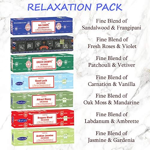 Satya Incense Sticks Gift Set, 7 Scents, Nag Champa, Dragon's Blood, Arabian Jasmine, Super Hit, Green Champa, Goodluck, Attract Money, 15g Each (Relaxation Mix)