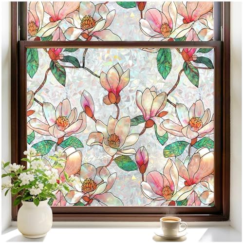 rabbitgoo Stained Glass Window Privacy Film, Magnolia, 23.6" x 157.4"