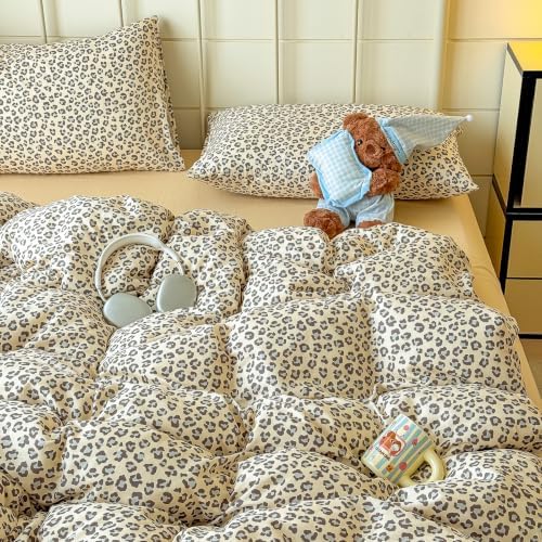 Leopard Duvet Cover Set Queen,Muslin Cotton,Cream Grey