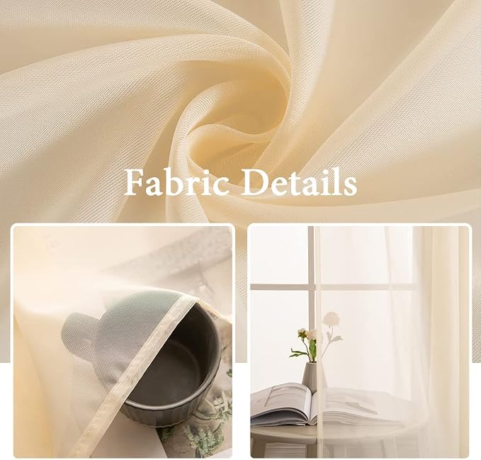 MIULEE Cream Beige Sheer Curtains 54 X 120 Inches, 2 Panels | Solid Color - Image 3