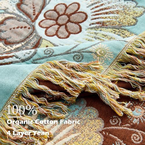 VANJOROY King Boho Throw Blanket 91" x 98", 100% Organic Cotton Breathable Skin-Friendly Ultra Soft Bed Quilt Blue Throw - Floral Rustic Decor Luxury Reversible Blanket for Sofa Couch Chair and Gift