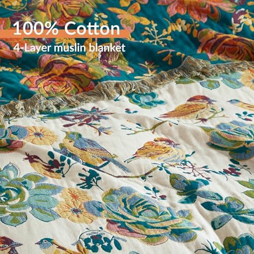 Boho Throw Blanket for Bed 90”x98”, 100% Cotton Blanket for Couch Sofa