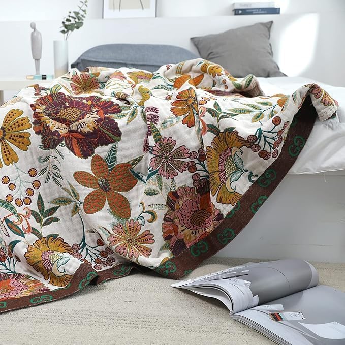 White Floral Rustic Cotton Throw Blanket Gift for Mom 60''x80''