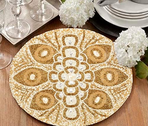 Beaded Placemats 13 Inch Round, White, Charger Placemats for Dining Table