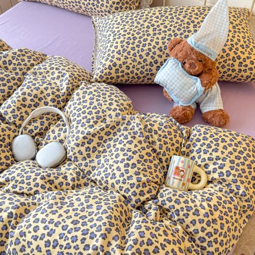 mixinni Golden Leopard Print Duvet Cover Set Queen Size, 3PCs Cute Sexy Cheetah Bedding, Soft Cotton Double Gauze Retro Aesthetic Purple‑Black Leopard Duvet Cover with 2 Pillowcases for Girls Women