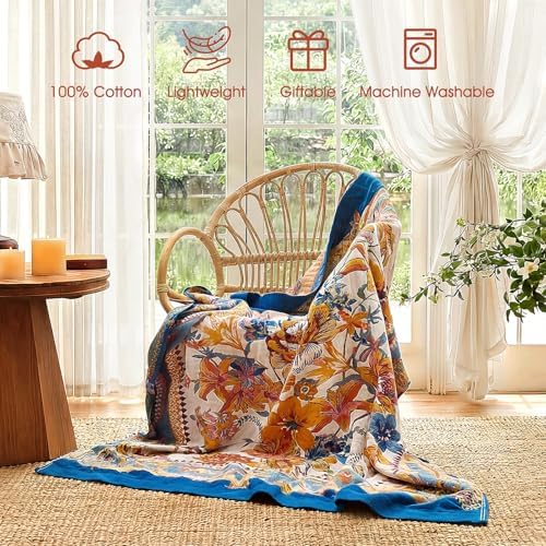 Boho Throw Blanket - 100% Cotton Queen Size Blankets for Bed Sofa