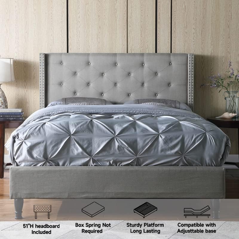 Oliver & Smith Platform Bed Frame Queen Size with Grey Linen Upholstered 51-Inch Button Tufted Headboard Wood Slats Easy Assembly No Box Spring Needed