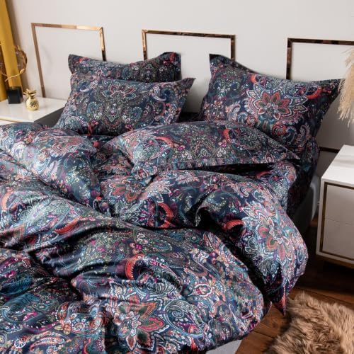 Retro Paisley Duvet Cover Queen Size Boho Damask Duvet Cover Sets 100% Brushed Cotton Bedding Set,1 Duvet Cover and 2 Pillow Shams for All Seasons-Stormy Blue