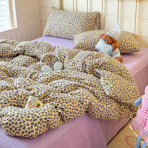 mixinni Golden Leopard Print Duvet Cover Set Queen Size, 3PCs Cute Sexy Cheetah Bedding, Soft Cotton Double Gauze Retro Aesthetic Purple‑Black Leopard Duvet Cover with 2 Pillowcases for Girls Women
