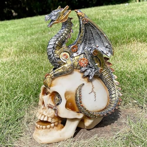 Halloween Steampunk Dragon on Skull Statue, Gothic Mechanical Decor