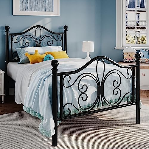 SHA CERLIN Twin Size Metal Bed Frame with Butterfly Headboard, Black