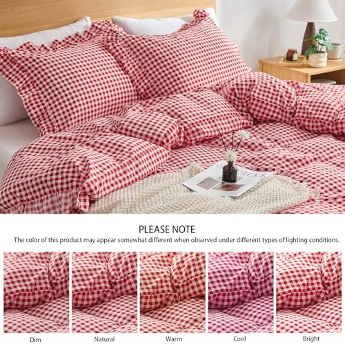 Gingham Duvet Cover Twin Size, 2 Pieces Soft Breathable Microfiber Plaid Duvet Cover with Zipper Closure & 1 Pillow Shams, Ruffle Farmhouse Vintage Decor, Red