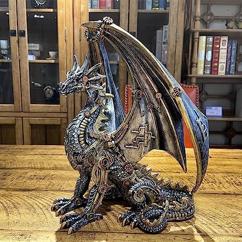 12'' H Steampunk Dragon Statue Mechanical Gear Sitting Sculpture