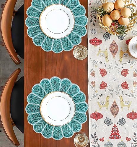 Alpha Living Home 2-Pack Round Placemats, Glass Beads, Teal Silver, 13 Inch