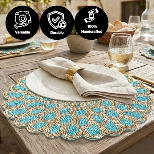 ALPHA Living HOME Beaded Placemats 13 Inch Dark Teal Gold Round Chargers