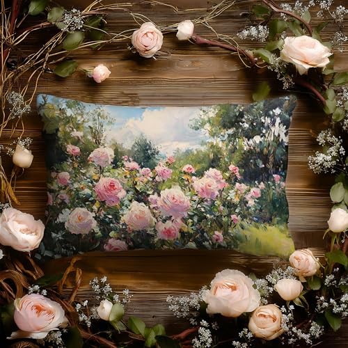 Vintage Rose Garden Nature Scene Pillow Cover 12x20 Double-Sided, Cottagecore Pink Flower Decorative Lumbar Throw Pillow Cover for Home Bedroom Living Room