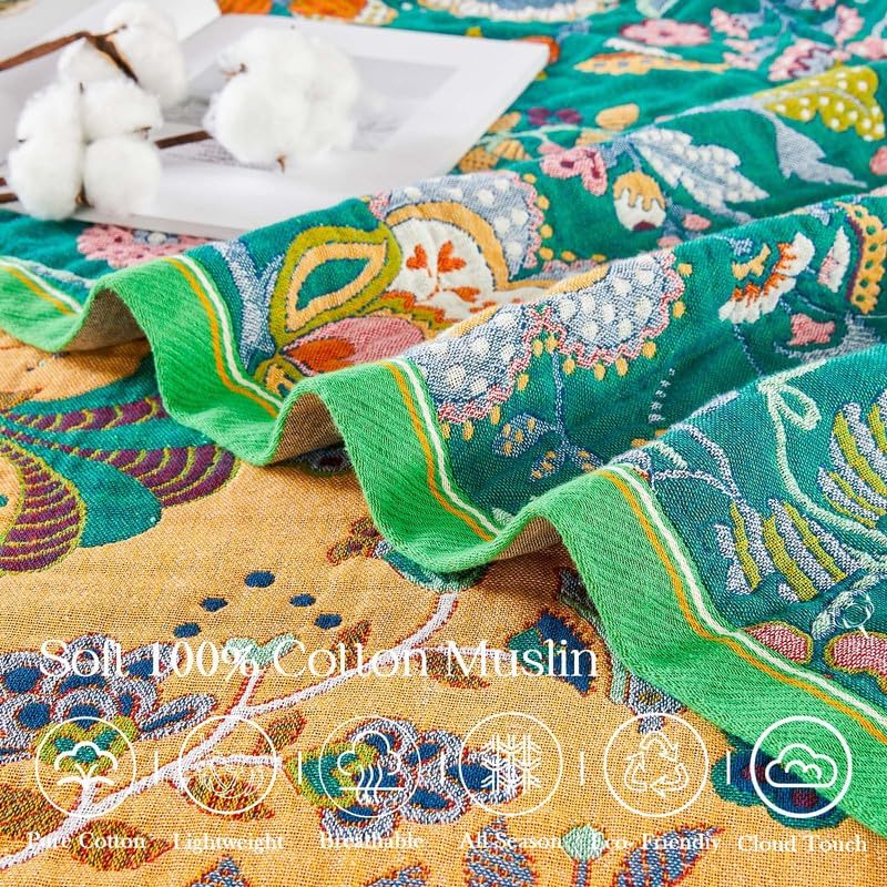 Boho Throw Blanket Cotton Muslin Woven Flower Decorative Blankets 60"x80"