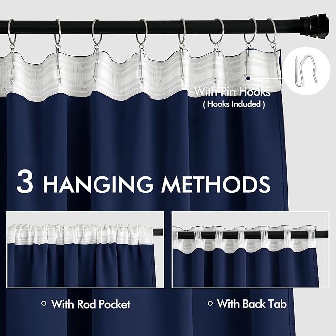 MIULEE Navy Blue Back Tab Blackout Curtains 52x108 Inch Long 2 Panels Set | Rod - Image 3