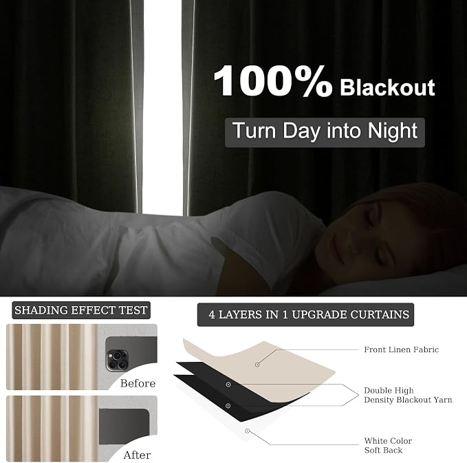 Topfinel 100 Inch Custom Linen Blackout Curtains, Modern Beige Textured Linen - Image 6
