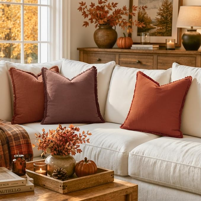 MIULEE Linen Decorative Fall Euro Throw Pillow Covers Burnt Orange 22x22 | Set - Image 2