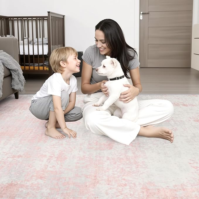 2.6x14 Washable Runner Rug:Modern Abstract Soft Carpet Pink White | - Image 2