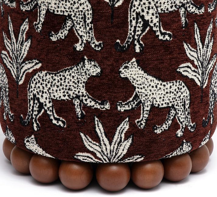 First of a Kind Brown Leopard Jacquard Ottoman, Upholstered Accent Stool and Footrest with Plush Foam-Padded Top and Solid Wood Orb Legs