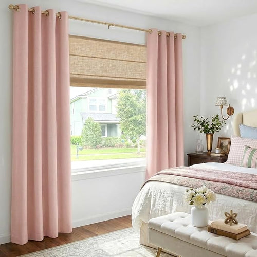 100% Blackout Linen Textured Curtains 84 Inch Long, Blush Pink | 100% Blackout - Image 2