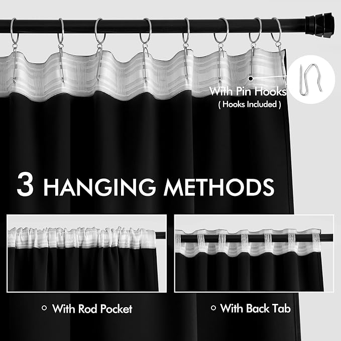 MIULEE Black Back Tab Blackout Curtains 52x63 Inches Long 2 Panels Set | Rod - Image 3