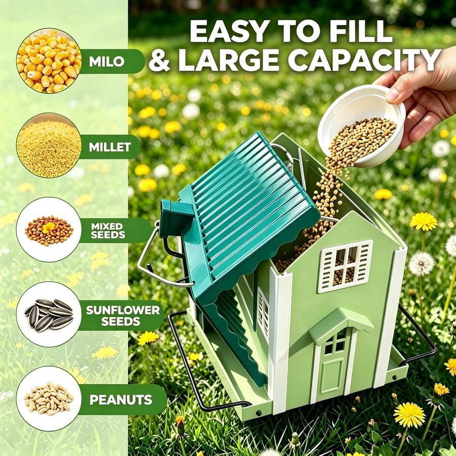 WENYLE Bird Feeders for Outdoors Hanging, Heavy Duty Metal Weatherproof Wild Bird Feeder, House Shape with Drain Holes, 2LB Capacity for Garden Yard