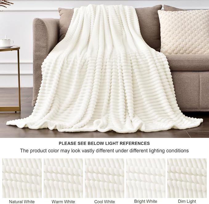 BEDELITE Ribbed Jacquard Cream Fleece Throw Blanket - Image 6