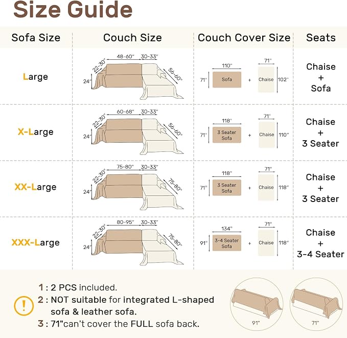 2 Pieces Sectional Couch Covers L Shaped Cover L Coffee | Thick Washable Fabric - Image 2
