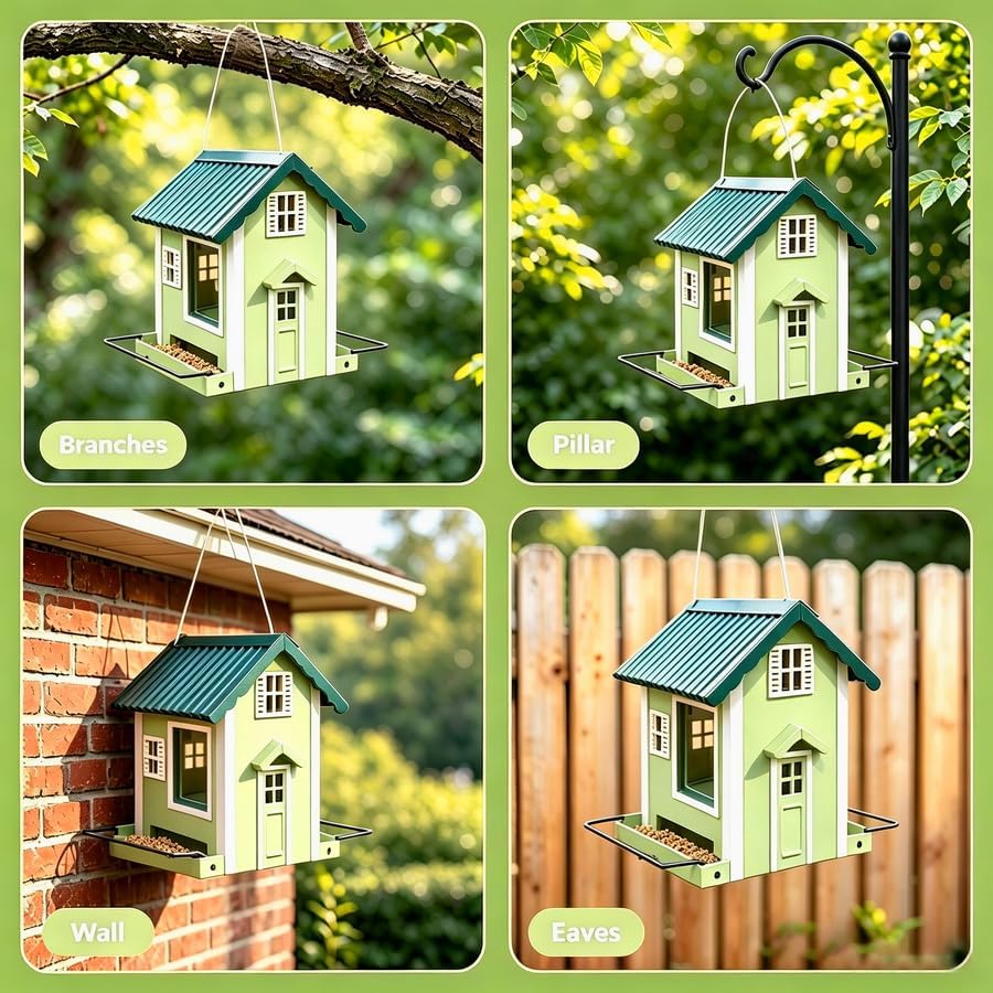 WENYLE Bird Feeders for Outdoors Hanging, Heavy Duty Metal Weatherproof Wild Bird Feeder, House Shape with Drain Holes, 2LB Capacity for Garden Yard