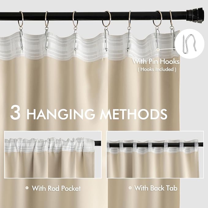 MIULEE Cream Beige Back Tab Blackout Curtains 52x104 Inch Length 2 Panels | Rod - Image 3