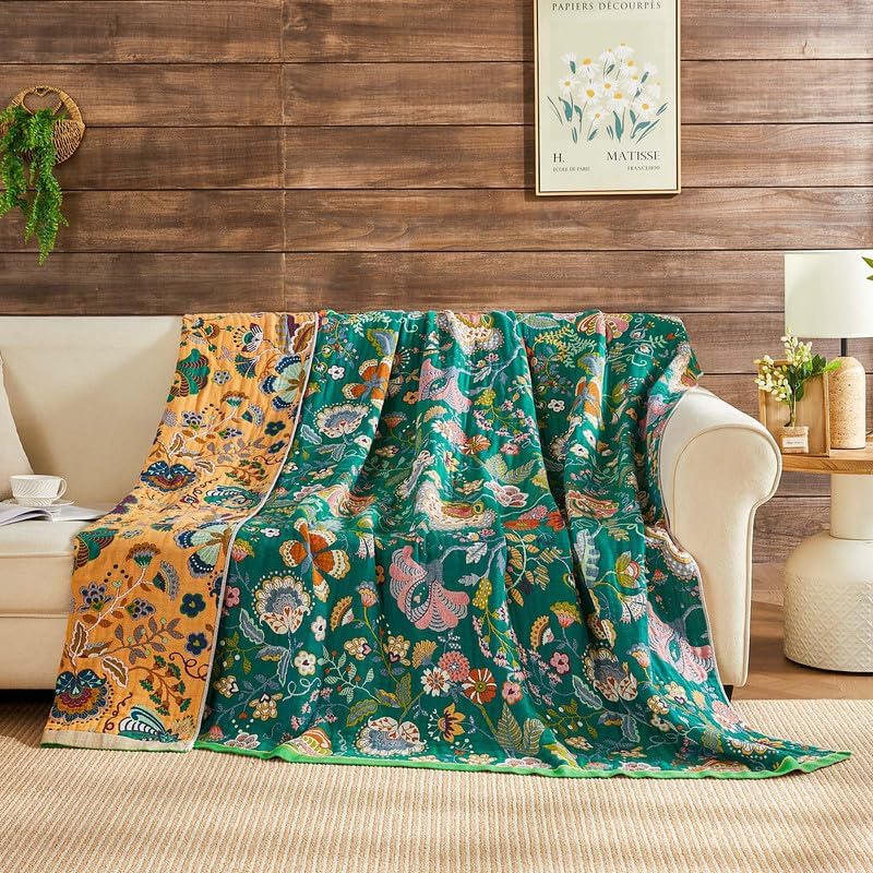 Boho Throw Blanket Cotton Muslin Woven Flower Decorative Blankets 60"x80"