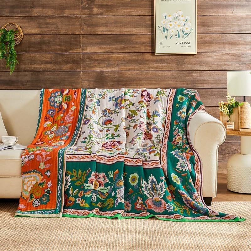 Boho Throw Blanket Cotton Muslin Woven Flower Decorative Blankets 50"x60"