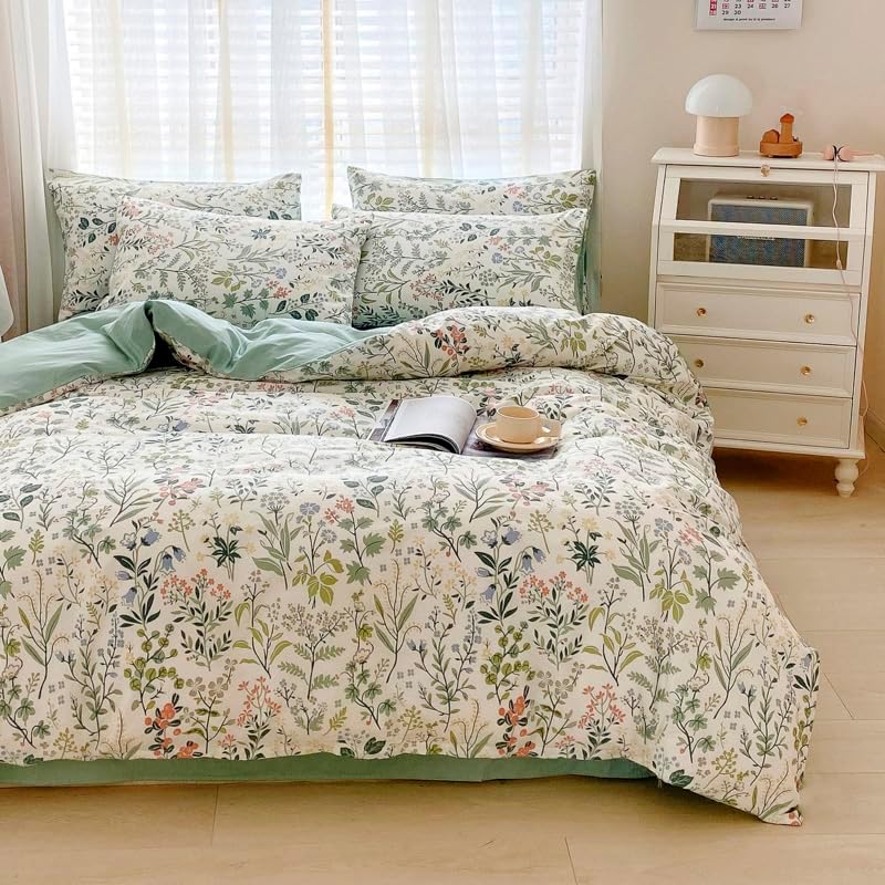 Botanical Duvet Cover Set 100% Cotton Queen(90"x90"),White/Sage Green