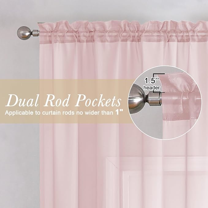 Blush Pink Sheer Curtains 84 Inches Long 2 Panels Set, Light Filtering Window - Image 2