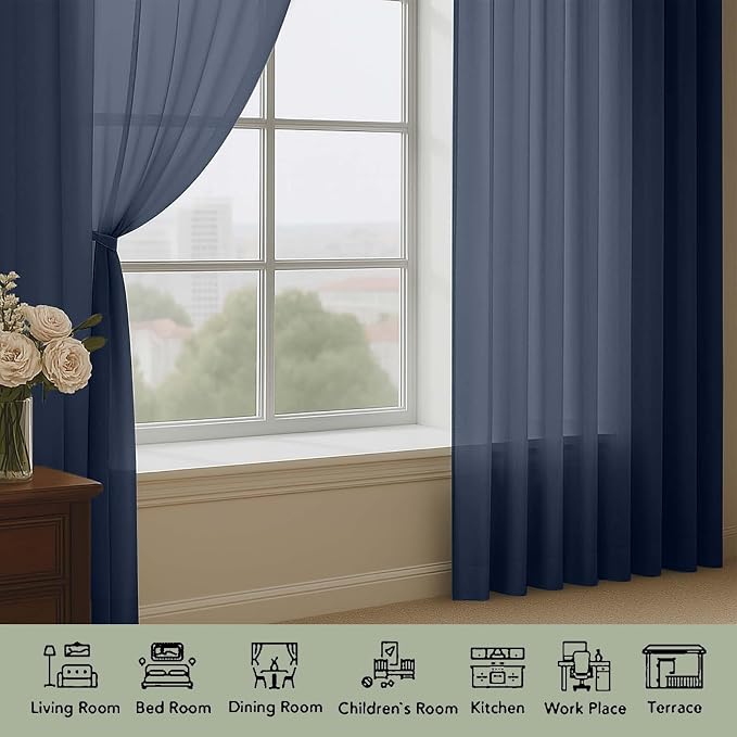 Navy Blue Sheer Curtain 90 Inches Long 2 Panels Set, Solid Filmy Drapes - Image 3
