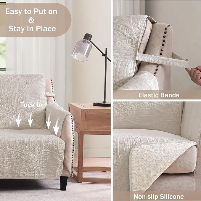 Beige Quilted Recliner Chair Covers, Water-Repellent Recliner Slipcovers - Image 3