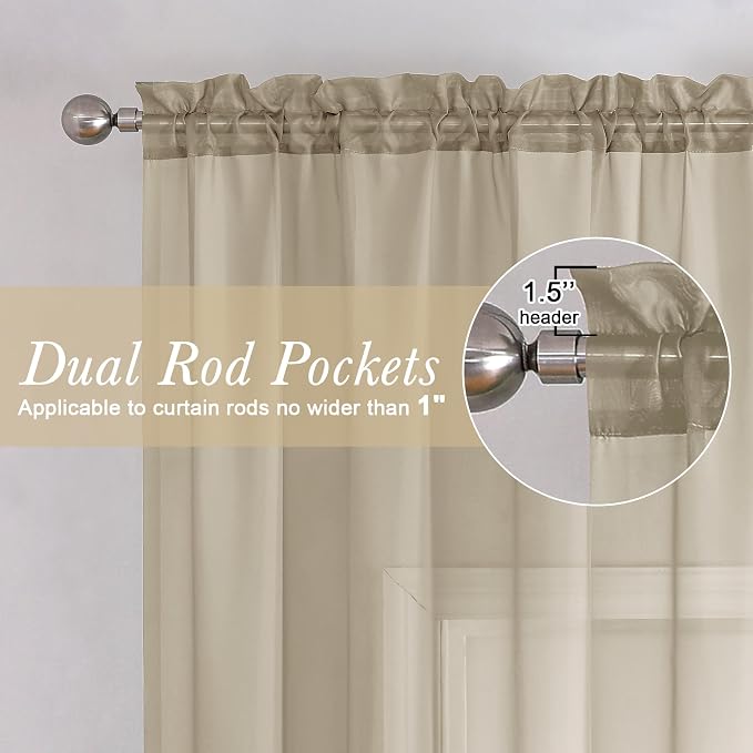 Taupe Sheer Curtains 72 Inch Length 2 Panels, Light Filtering Soft Solid Voile - Image 2
