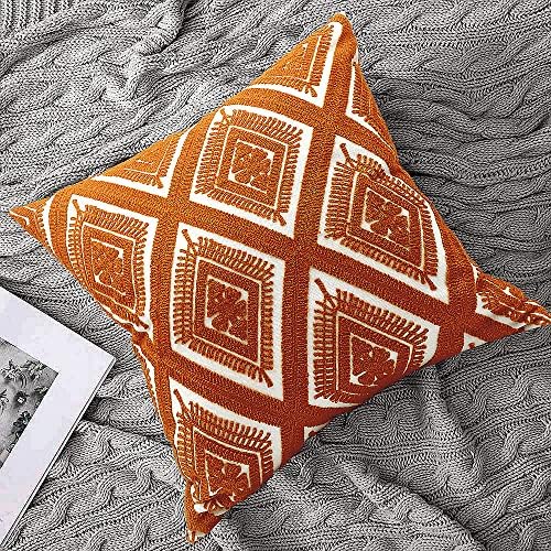 Alysheer Boho Embroidered Throw Pillow Cover 18"x18" Set of 2, Burnt Orange