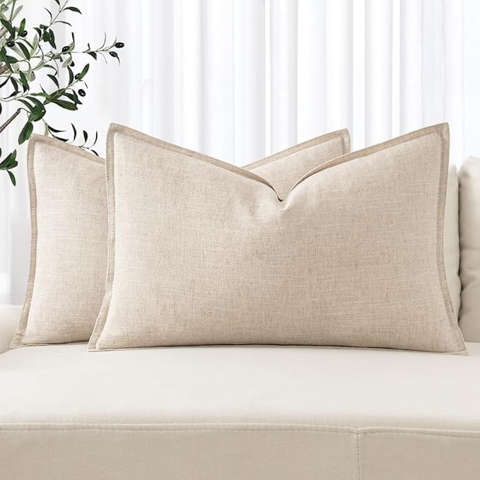 MIULEE Decorative Linen Lumbar Pillow Covers 12x24 Inch Natural Beige | Boho by MIULEE