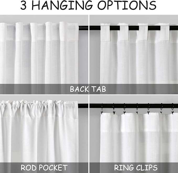 White Linen Curtains 84 Inch Length 2 Panels Back Tab Rod Pocket Semi Sheer - Image 4