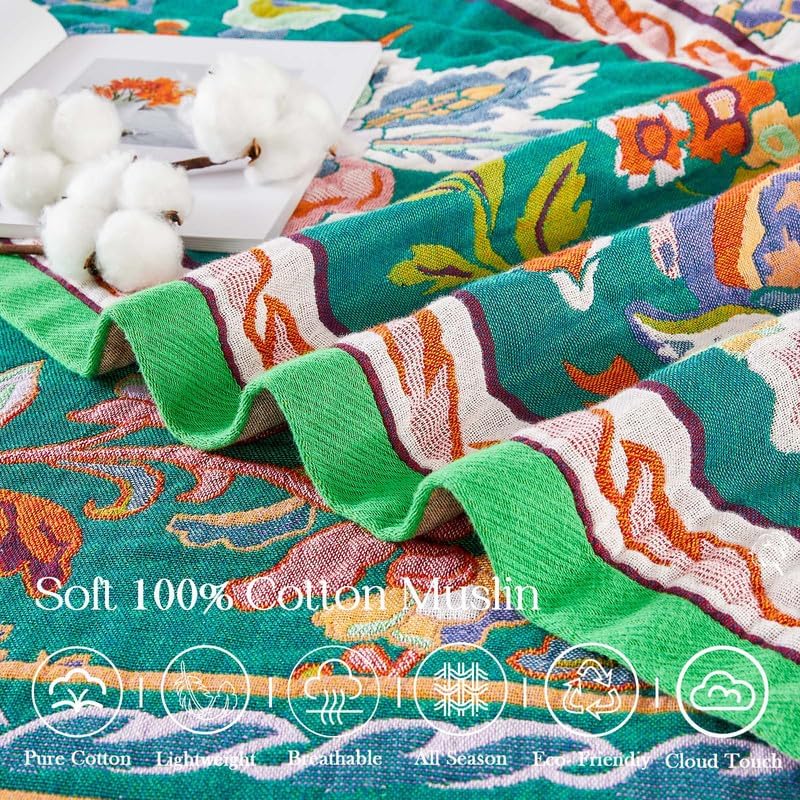 Boho Throw Blanket Cotton Muslin Woven Flower Decorative Blankets 50"x60"