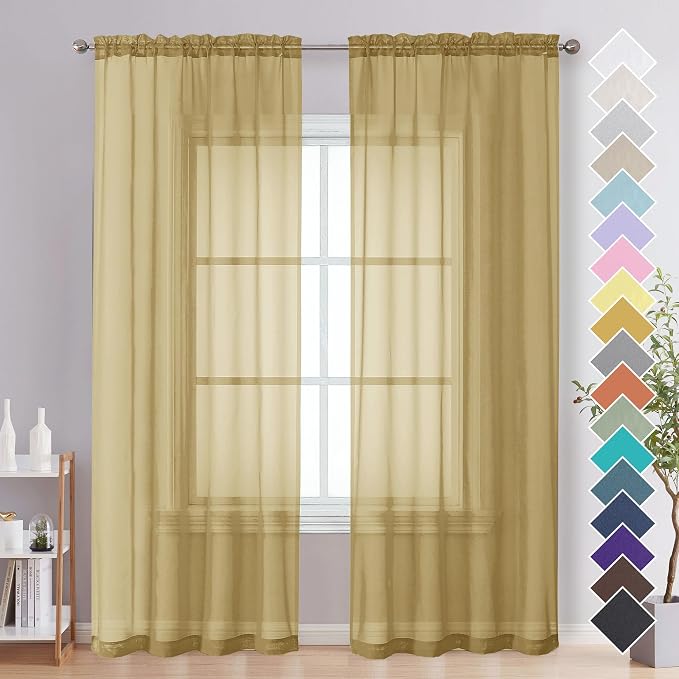 Gold Sheer Curtains 84 Inches Long 2 Panels by OVZME