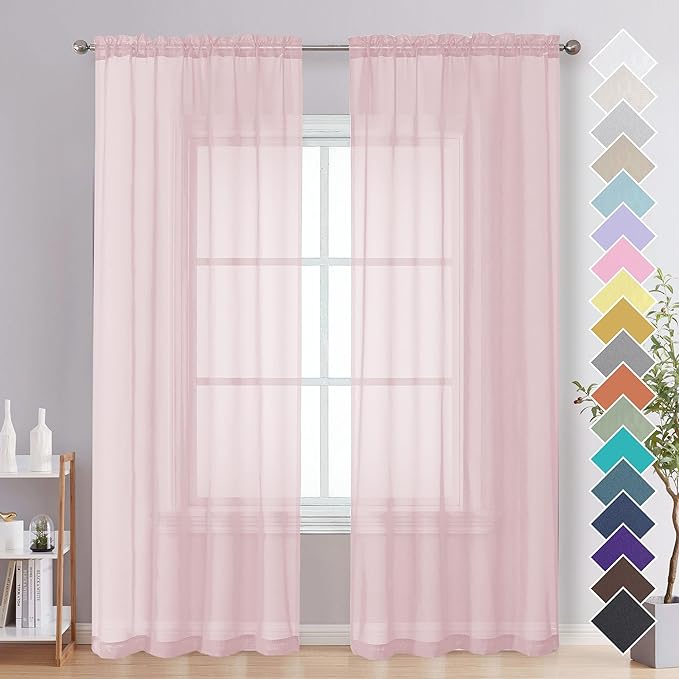 Blush Pink Sheer Curtains 84 Inches Long 2 Panels by OVZME