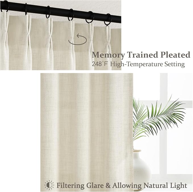 Cream Memory Shape Pleated 95 Inch Curtains 2 Panels Set - Image 4